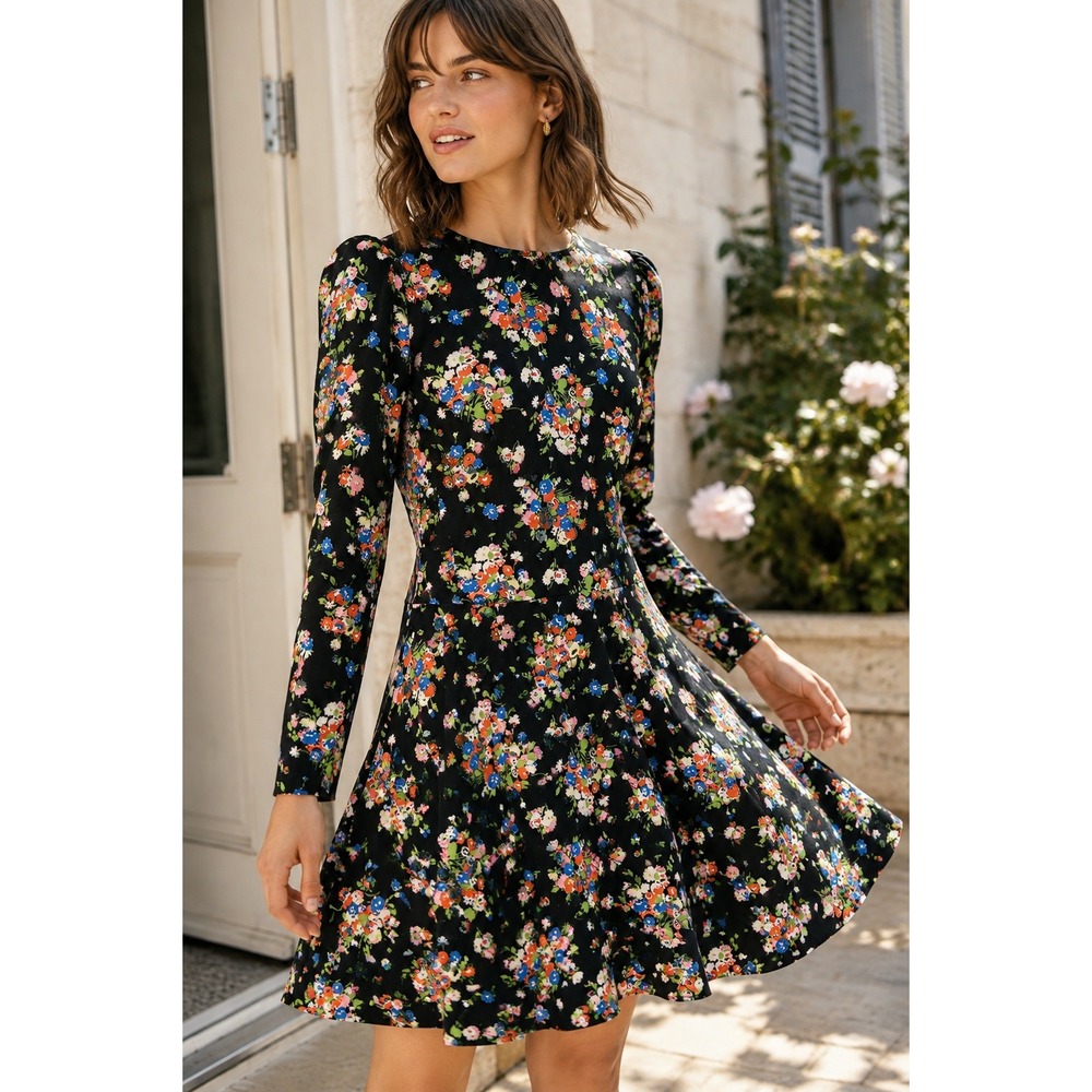 Boden Wild Cluster Floral Fit & Flare Dress Crew Neck Long Sleeve Black US 4